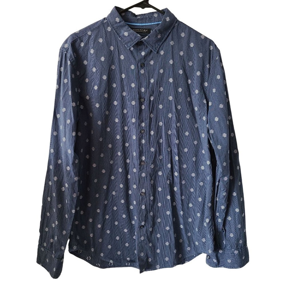 Banana Republic US Large Grant Fit Cotton Geometric Blue Print Button Up Shirt